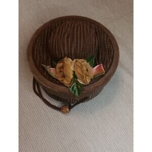 Vintage Hat Shaped Brown Sewing Box Purse Corduroy Floral Pin Cushion Top 7”
